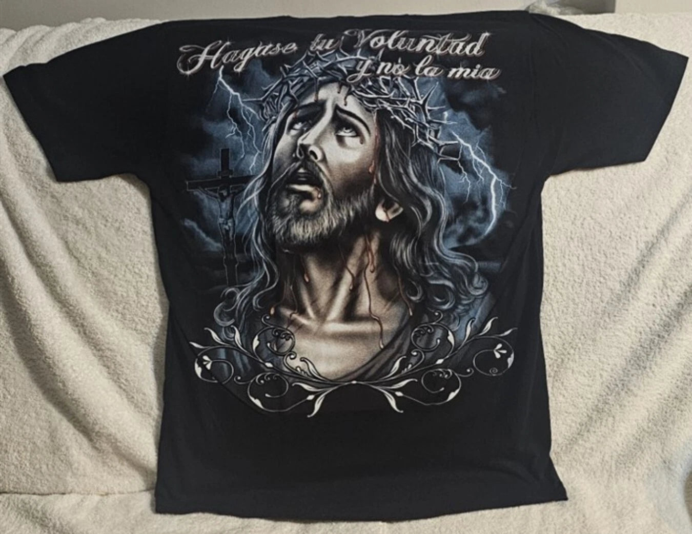 JESUS CHRIST CROWN OF THORNS CROSS LIGHTNING GOD T-SHIRT