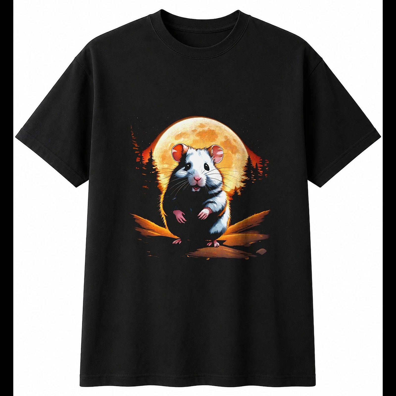 Airbrush Hamster in Moonlight Cute Mens T-Shirt Black 100% Cotton