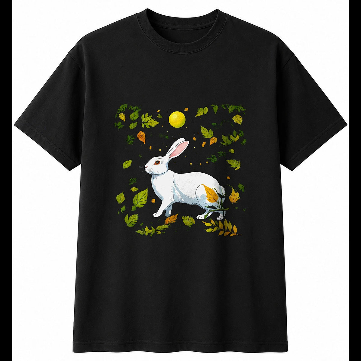Botanical Lop Rabbit Mens T-Shirt Cute Black 100% Cotton Graphic Tee