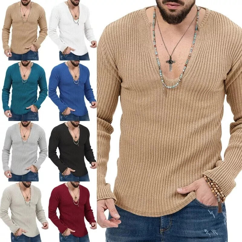 Men V Neck Top Long Sleeve Ribbed Knit T-Shirt Knit Slim Fit Muscle Tee Blouse