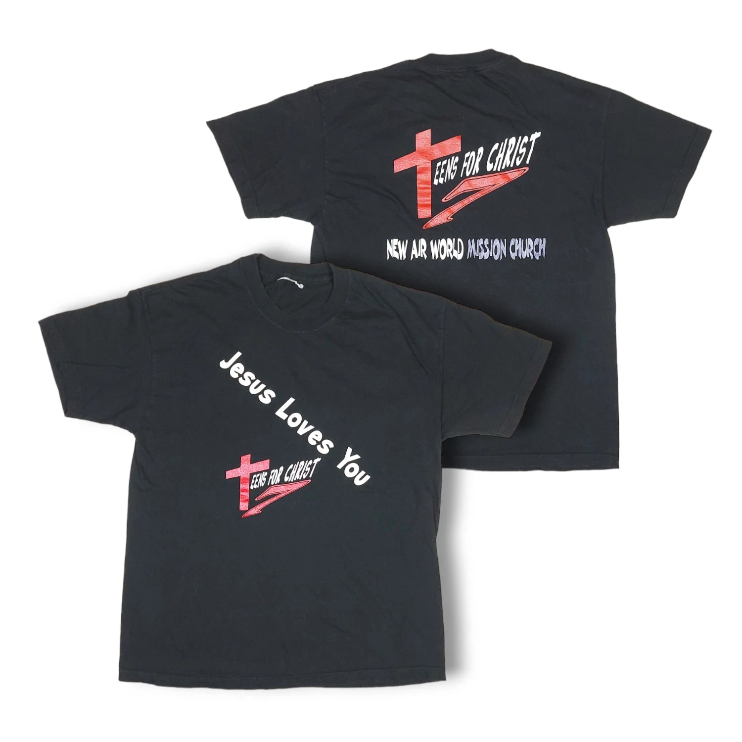 Vintage 90s Y2K Jesus Loves You Teens for Christ Double-Sided Black T-Shirt L/XL