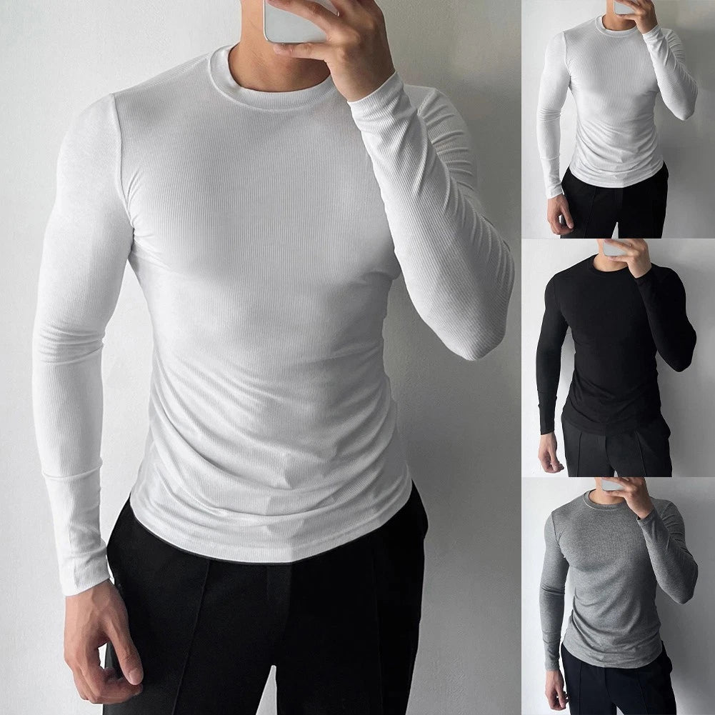 Solid Color Men Ribbed T-Shirt Slim-Fit Athletic Textured Knit Muscle-Fitting
