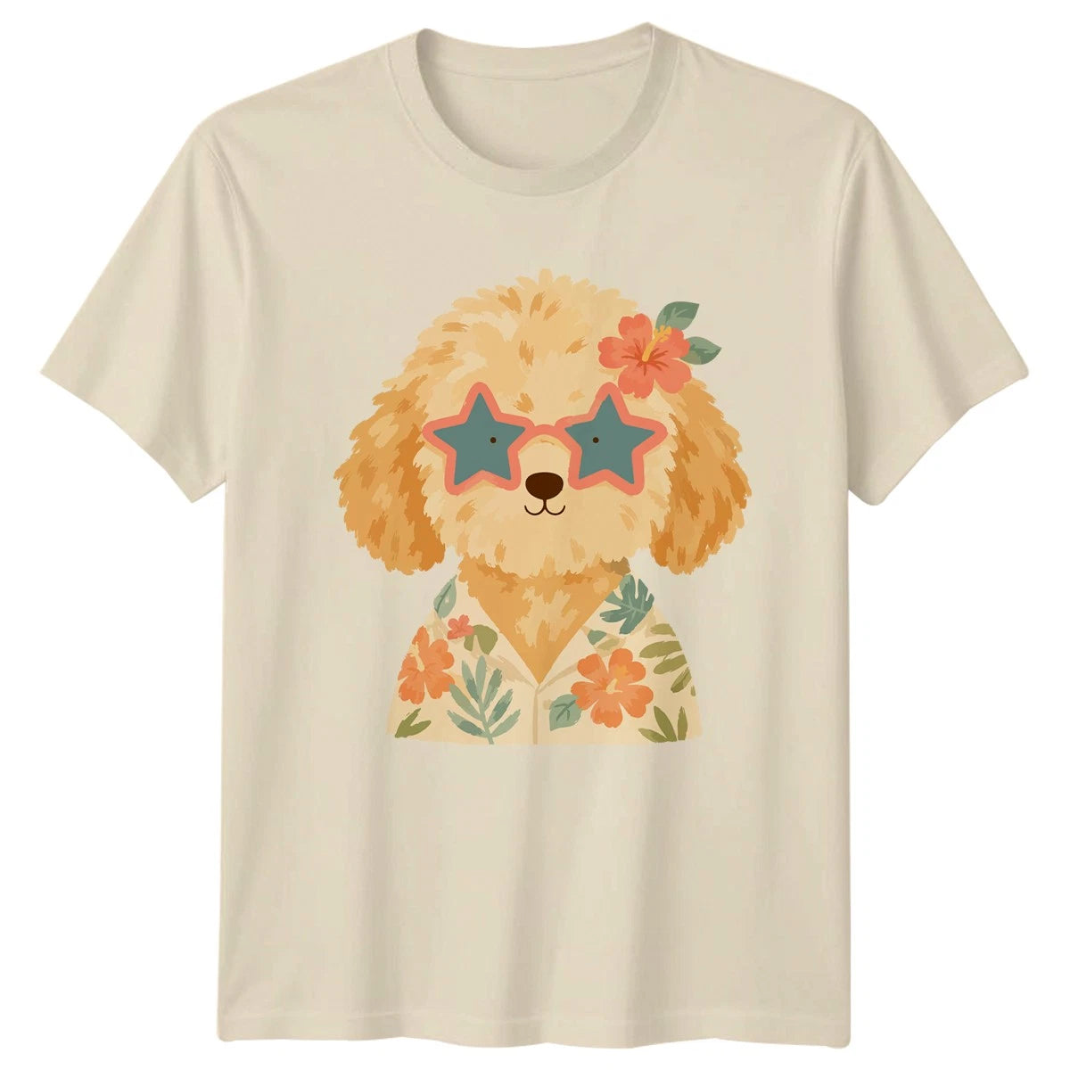 Cute Cartoon Dog T-Shirt Stylish Tropical Floral Funny Animal Lover Summer Gift