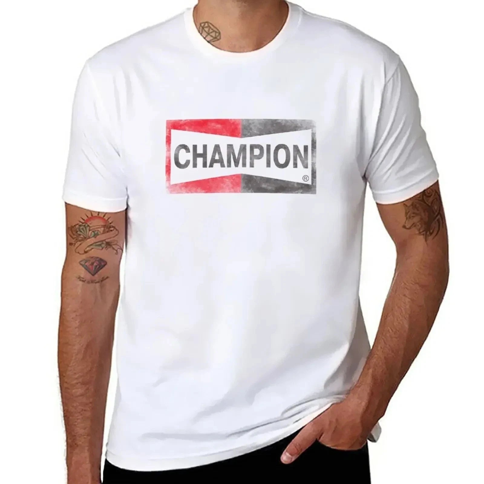 Champion Spark Plug T Shirt Men Retro Distressed Logo Tee Slim Fit New Edition