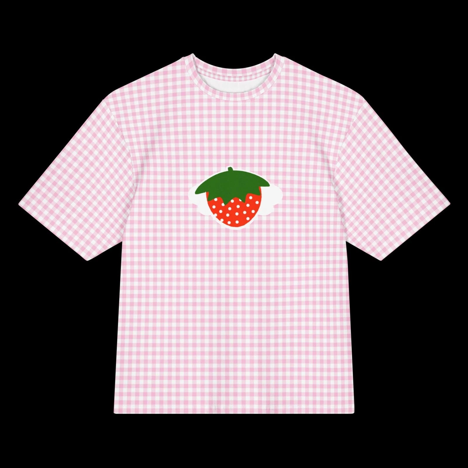 Oversized kawaii strawberry pink gingham cotton t-shirt