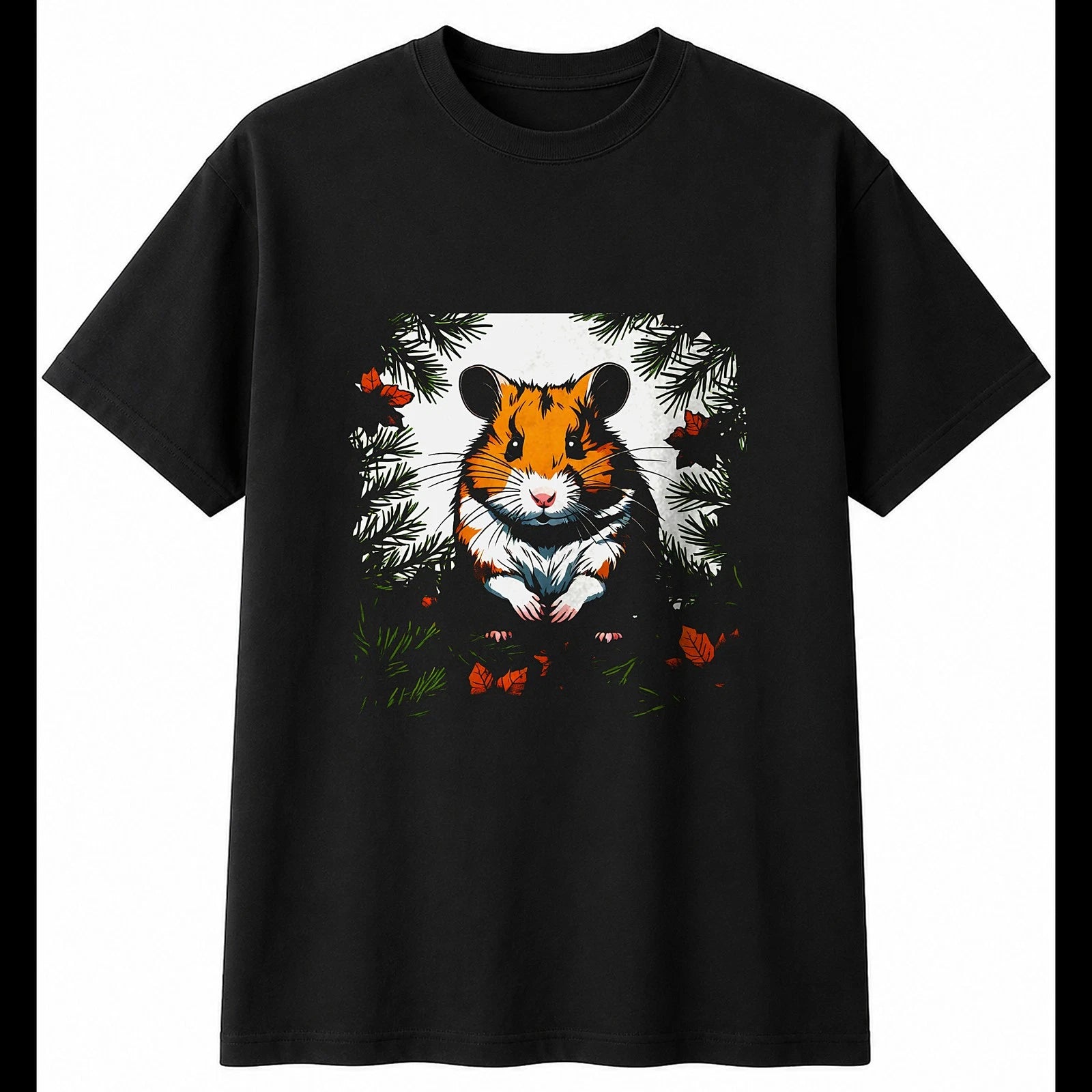 Hamster in the Pines Cute Mens T-Shirt Black 100% Cotton Novelty Kawaii