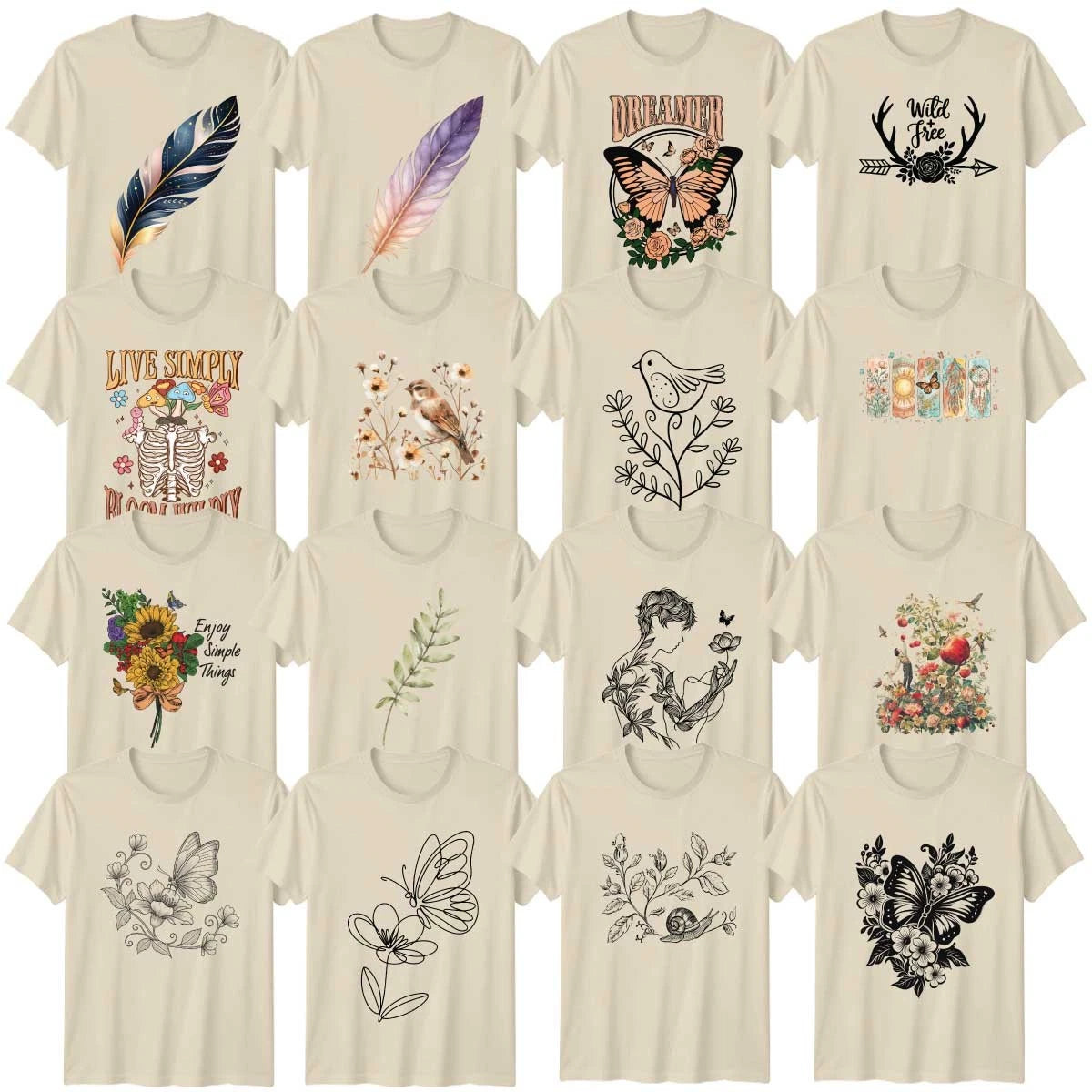 Floral Butterfly And Bee Abstract Art Adult T-Shirt Botanical Art Birthday Gift