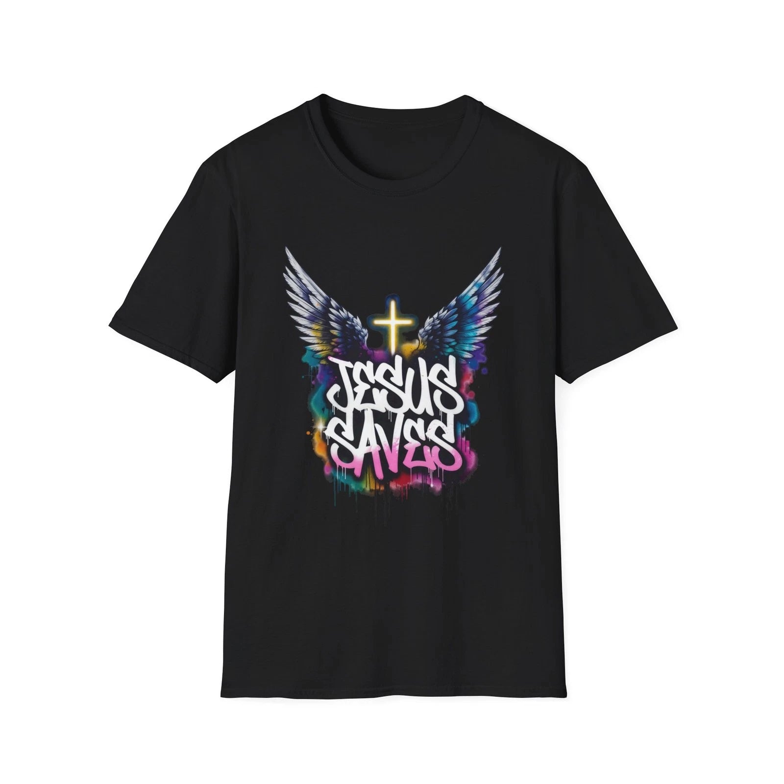Jesus Saves Graffiti Cross T-Shirt | Angel Wings Street Art