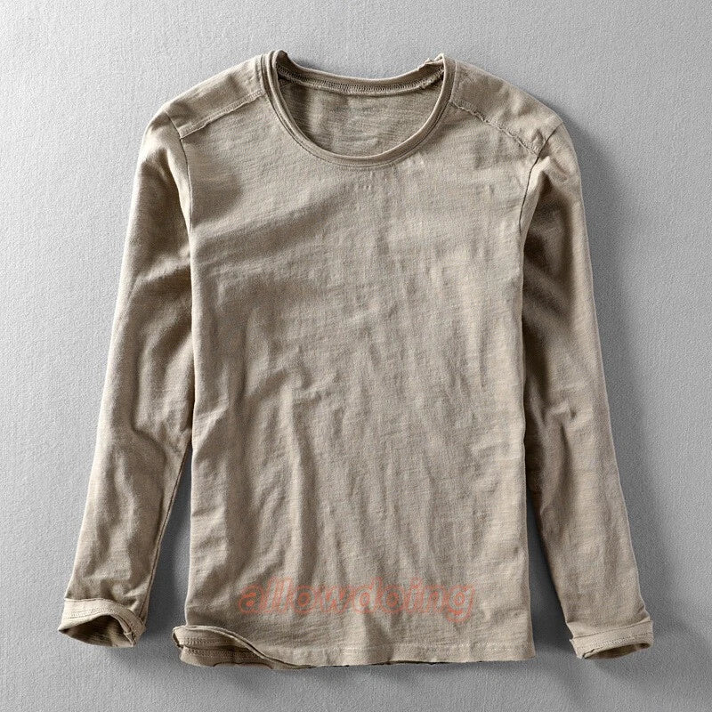 Men 100% Cotton T-Shirt Comfort Crew V Neck Long Sleeve Top Breathable Bsaic Tee