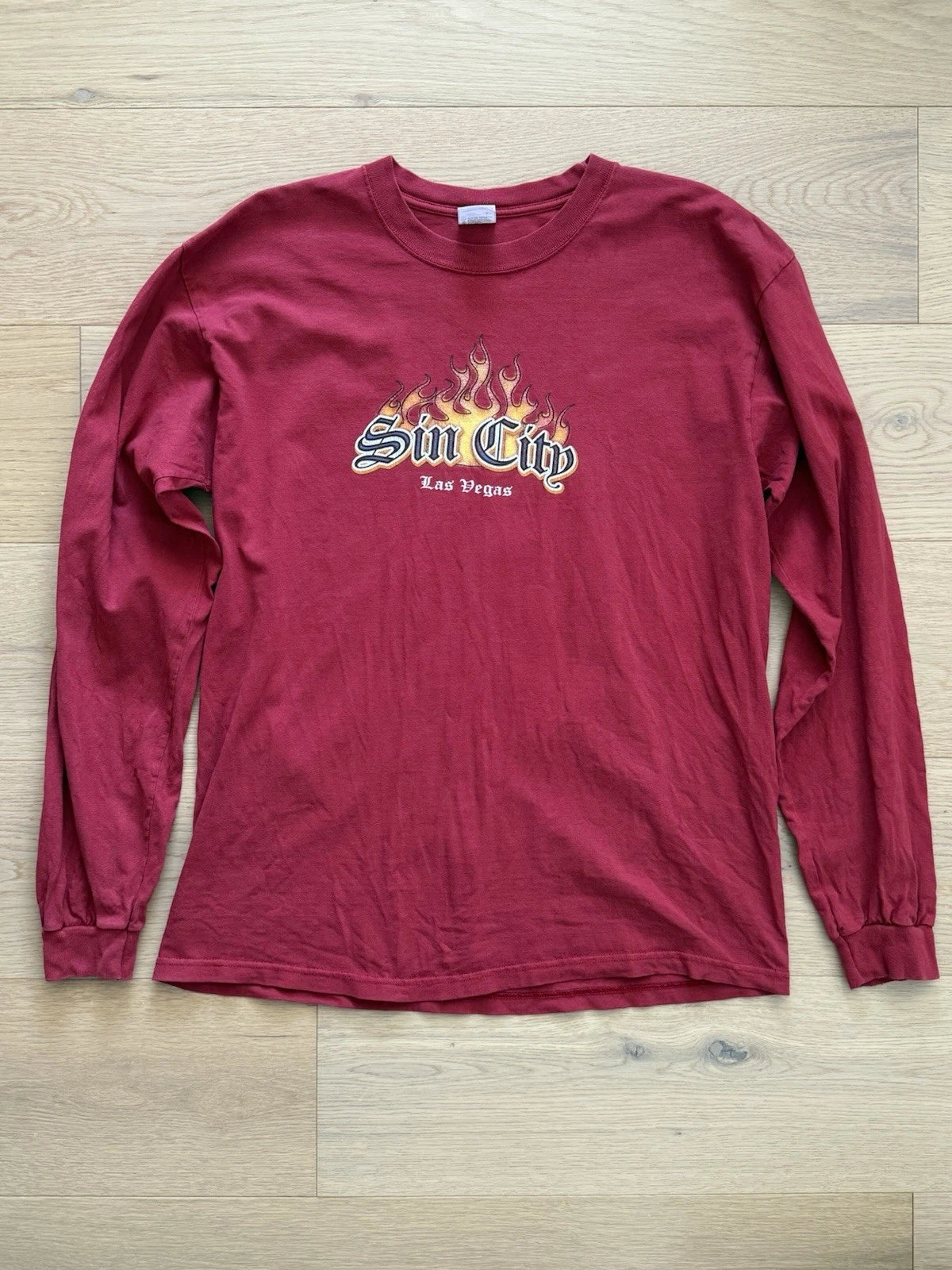 Vintage Y2K Las Vegas Long Sleeve T Shirt - Sin City Glitter Flames - Dark Red