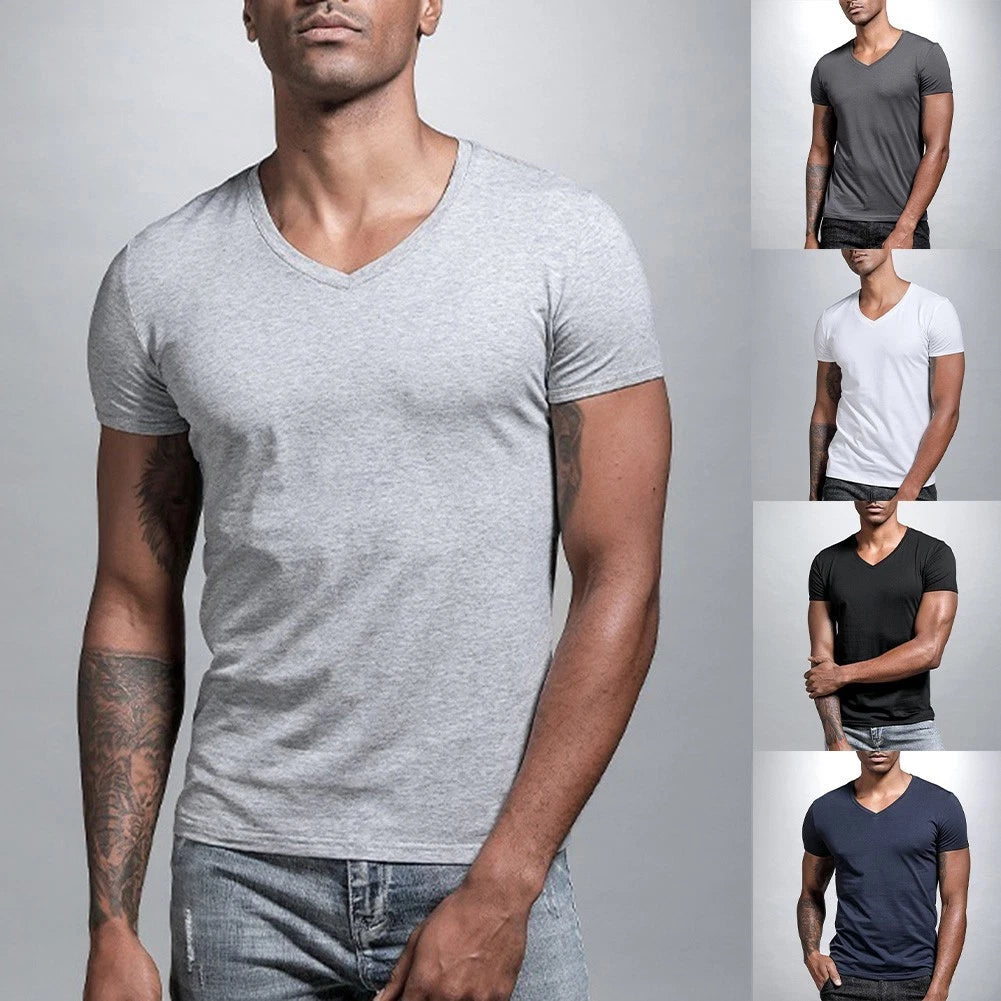 Slim Fit Top Men V-neck T-shirt Casual Wear Summer V-neck Short Sleeve