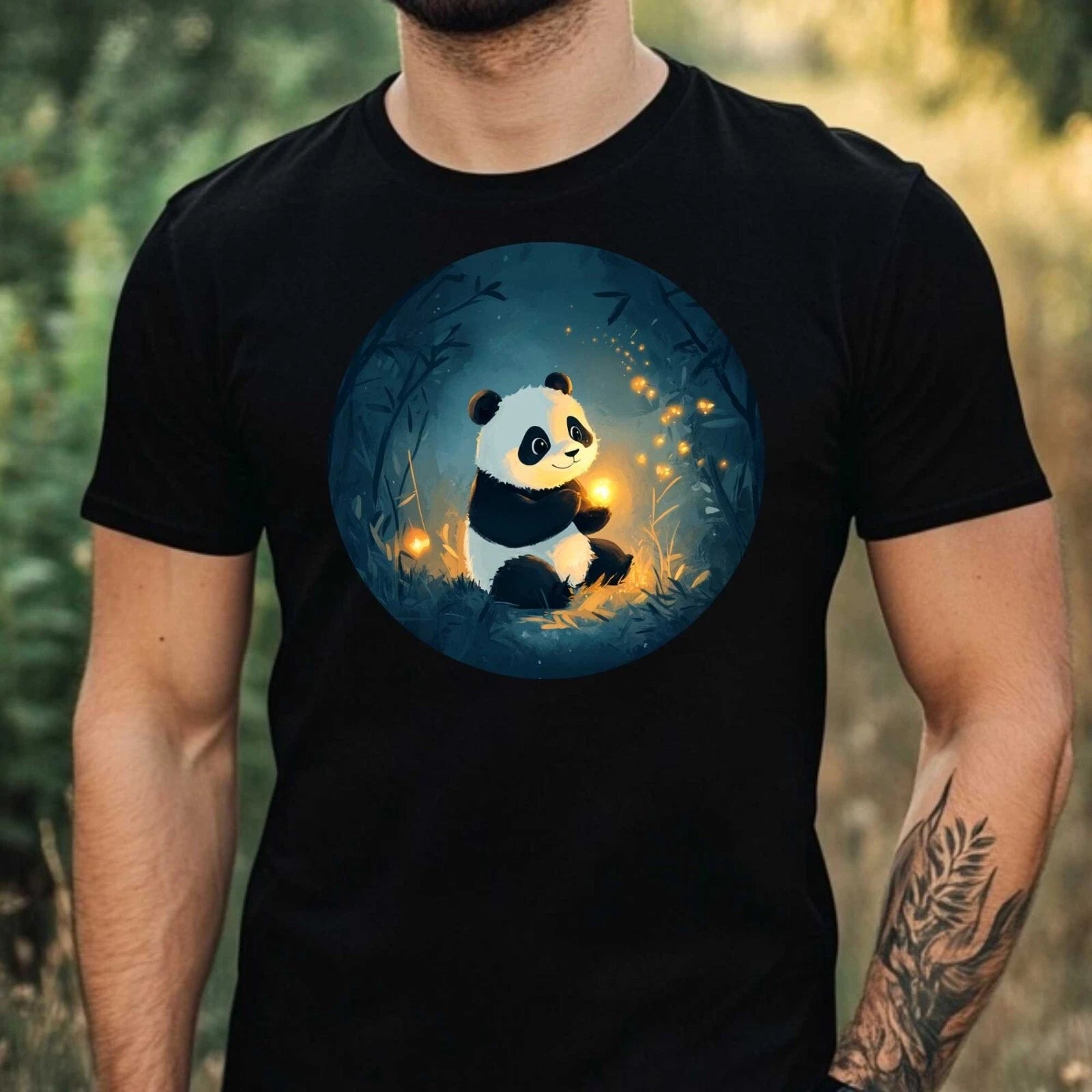 Mens Panda In The Moonlight Motif Cotton T-Shirt Size XS to 5XL