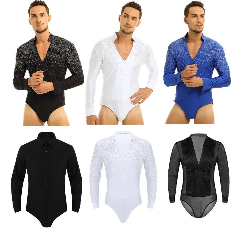 Men Sequins V Neck Dance Shirts Ballroom Modern Latin Long Sleeve Dancewear AU