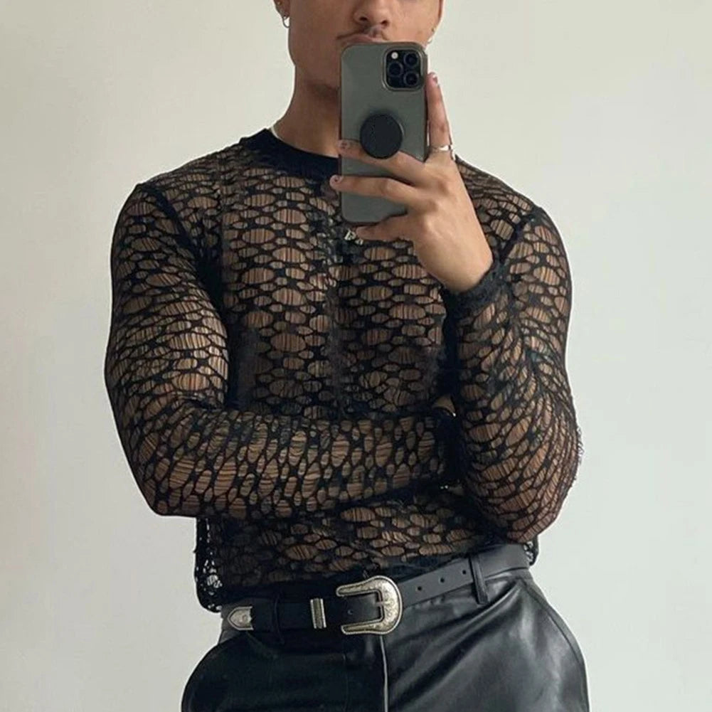 For Layering Men Mesh Tee Hollow Out Top For Daily Wear Mesh Fabric Hollow Out