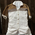 Men's Hollow Knitted Slim Fit Casual Shirt–Brown & White Contrast, Short Sleeve