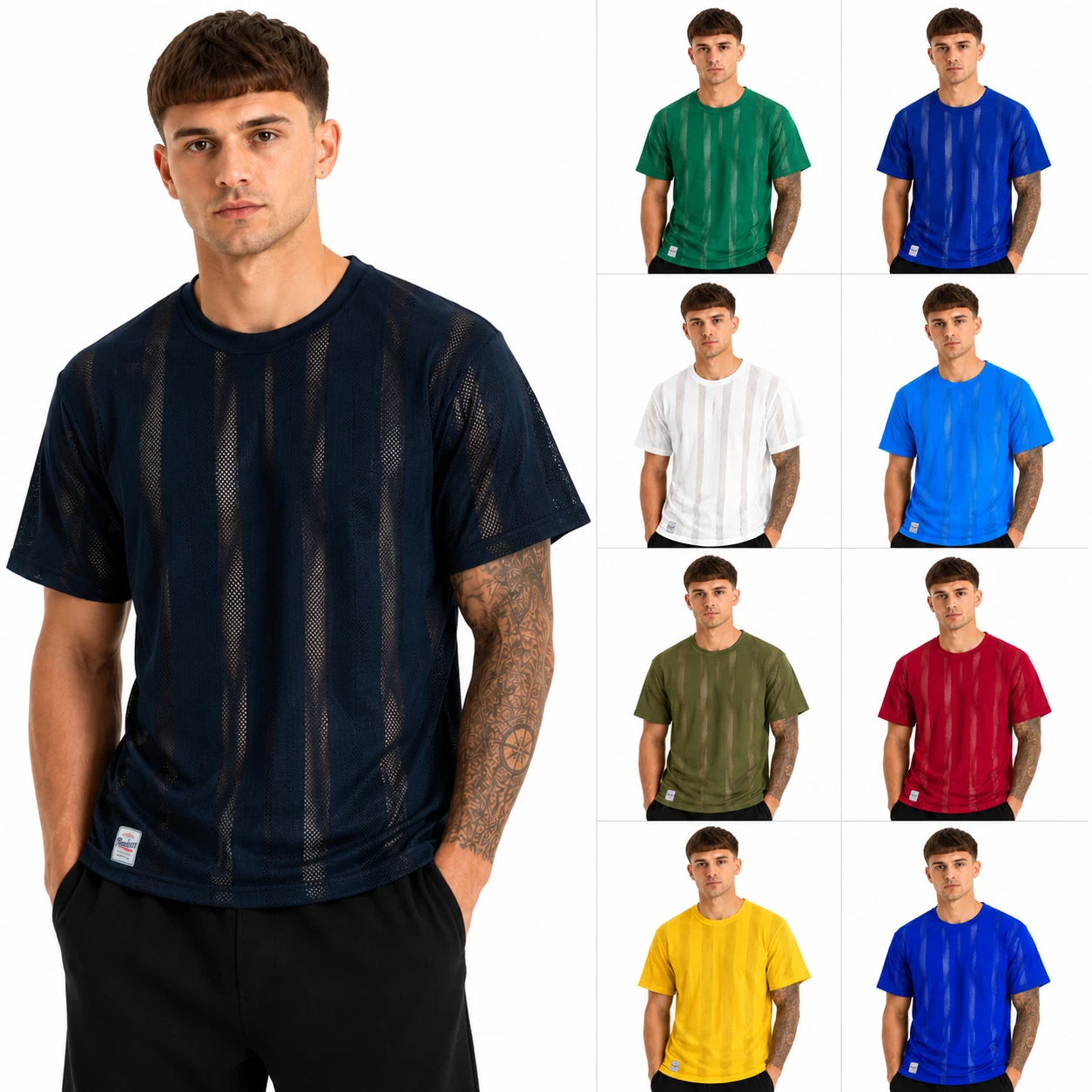 Mens Pendeen Oversized Mesh Stripe T-Shirt Breathable Sports Gym Casual Tee Top