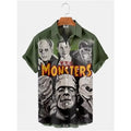 Mens Button Down Universal Monsters Halloween Hawaiian Top Novelty Holiday Gift