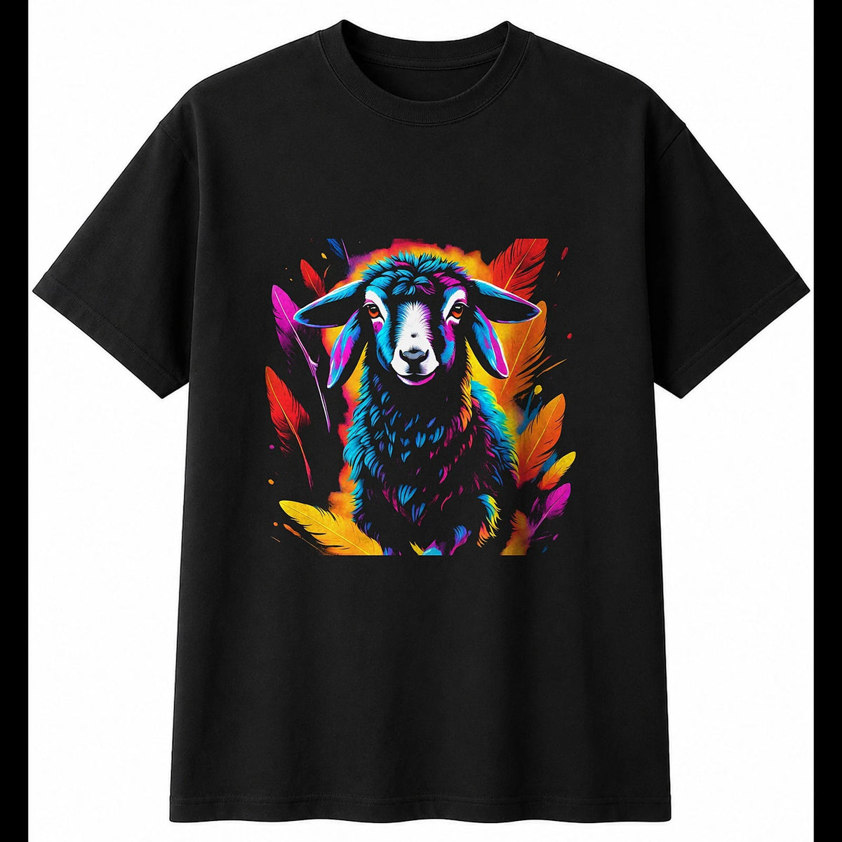 Neon Lamb with Feathers Sheep Cute Mens T-Shirt Black 100% Cotton Kawaii Unisex