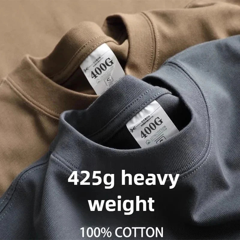 425g Heavy Cotton T-Shirt Men’s Short Sleeve Round Neck Basic Casual Solid Top