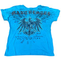 Vtg Y2K Men’s Blue Applique Embroidered Two-Sided Print T-Shirt Size L