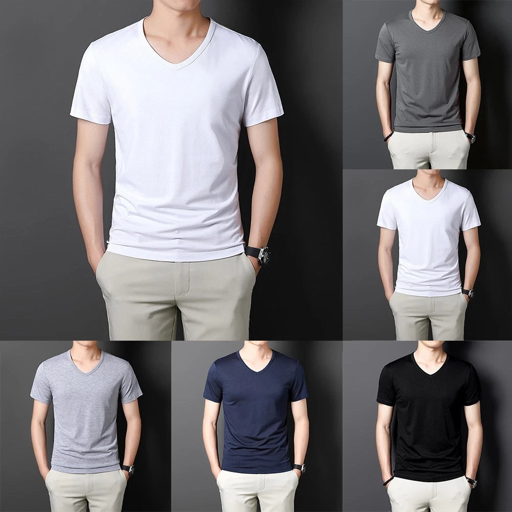Mens Slim Fit V Neck Short Sleeve Tees Casual Solid Color Pullover T Shirts