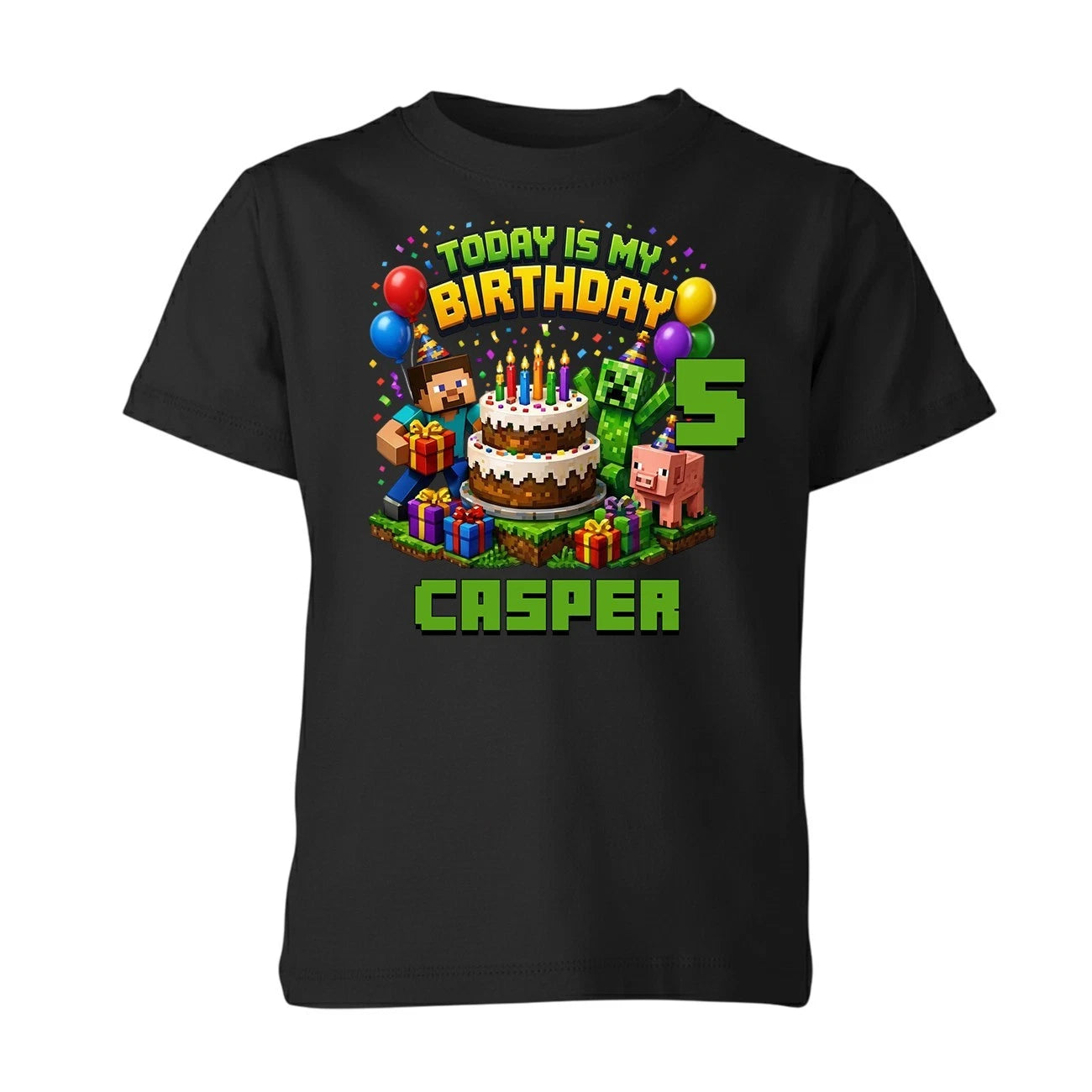 Personalised Pixel Block Game Birthday Kids T Shirt Boys Girls Custom Name Tee