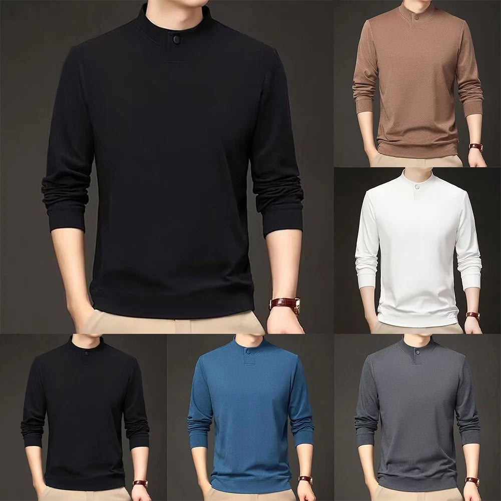 Men Long Sleeve Tee Four Seasons Long Sleeves Stand-up Collar Solid Pattern