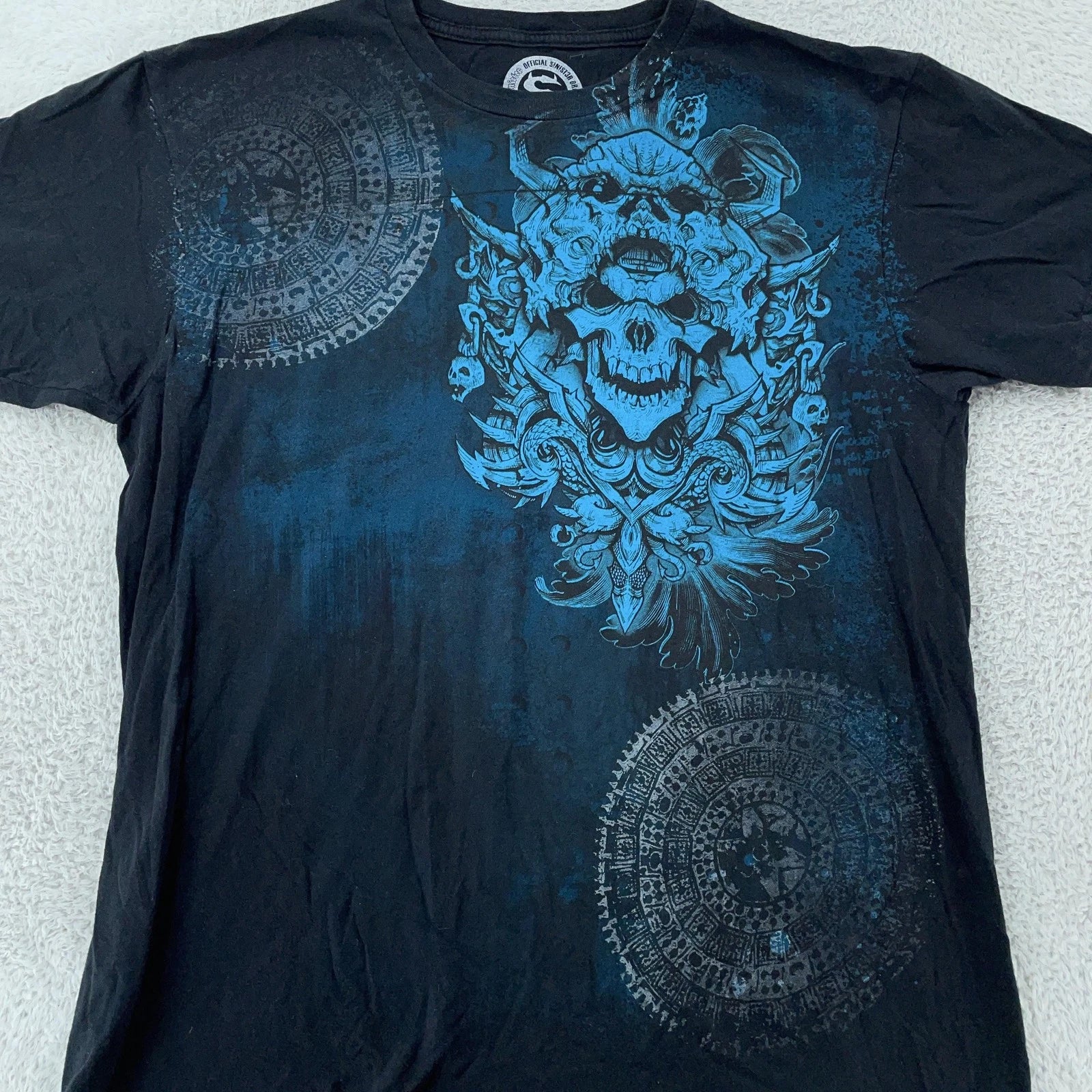 Sinister Brand Shirt L/XL Black Blue Skull Graphic All Over Print Gothic Y2K