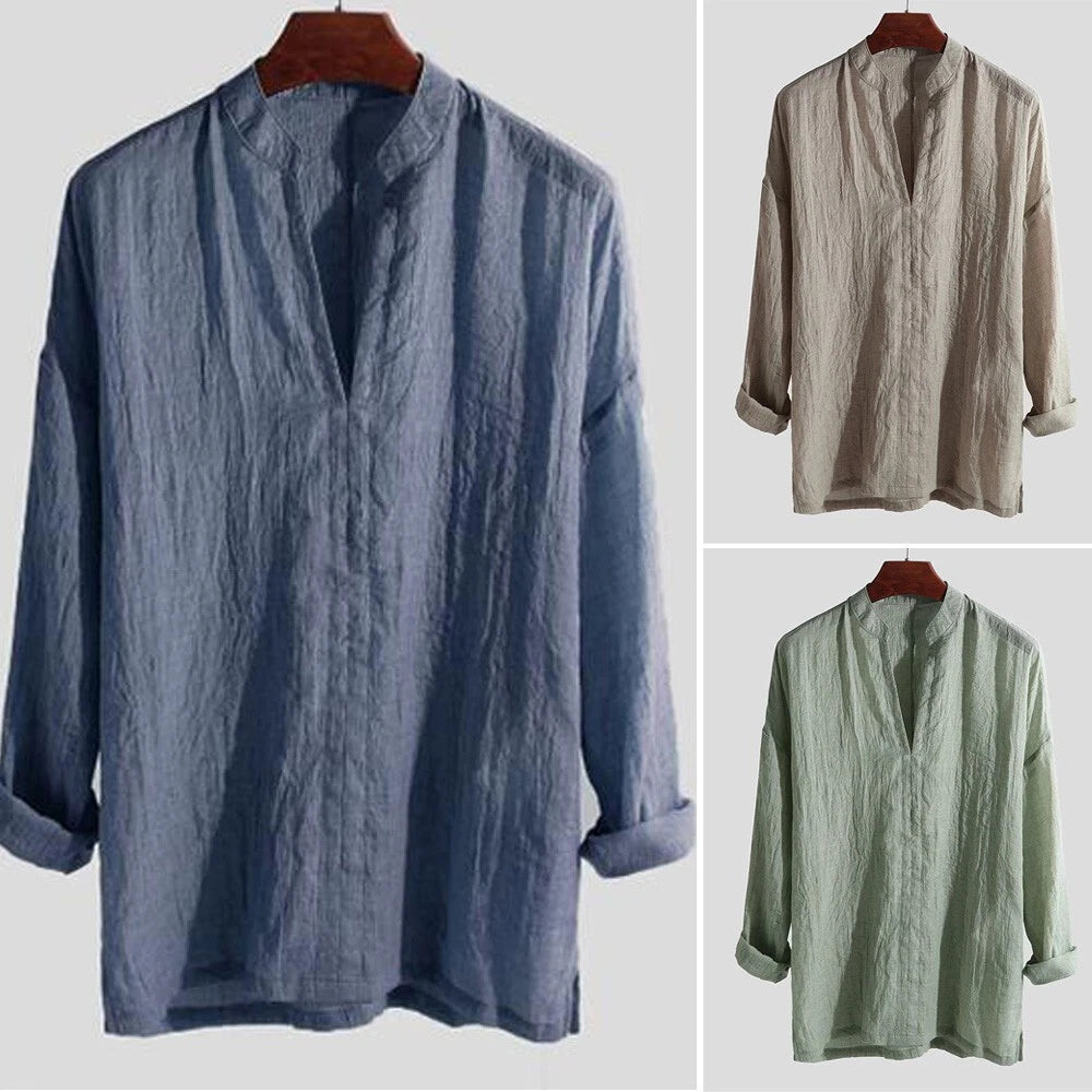 Summer Men Cotton Linen Pullover Tops Tee 3/4 Sleeve V Neck Casual Loose T-Shirt