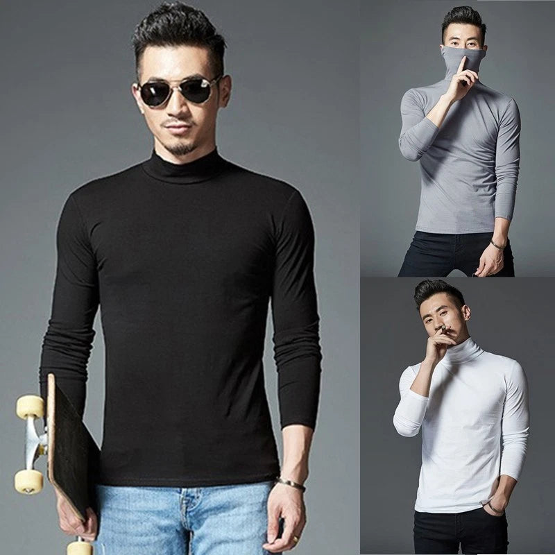 Perfectly Fitted Turtleneck Long Sleeve Tops for Men Solid Color Range
