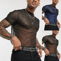 Stylish Men's Sheer Mesh Sequin Club Shirt Sexy Short Sleeve Shiny Top