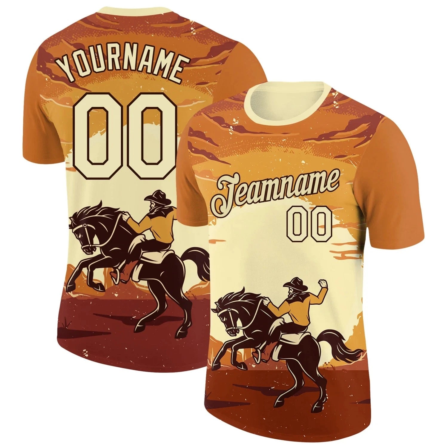 Custom Orange City Cream-Brown 3D Pattern Design Cowboy Rodeo Performance T-Shir