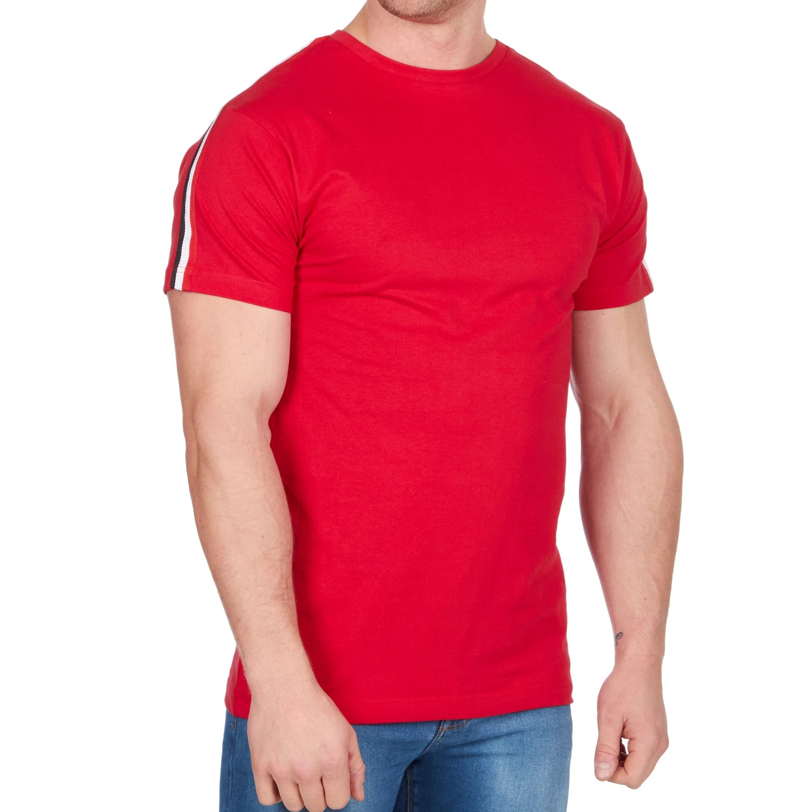 Mens Crew Neck Plain Cotton T-shirt Tee Top Fitted Casual Contrast Stripe Blank