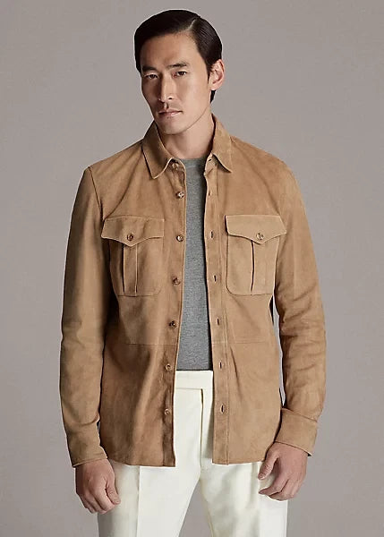 CLASSIC New Men's Beige Suede Shirt 100% Real Lambskin Stylish Slim Fit Shirt