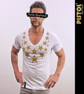Pistol Boutique Men's Fitted White Deep V neck GOLD CHEST SKETCH STARS T-shirt