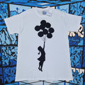 Hand Painted Girl with Balloons, Banksy inspired tshirt, cute, punk rock tee.
