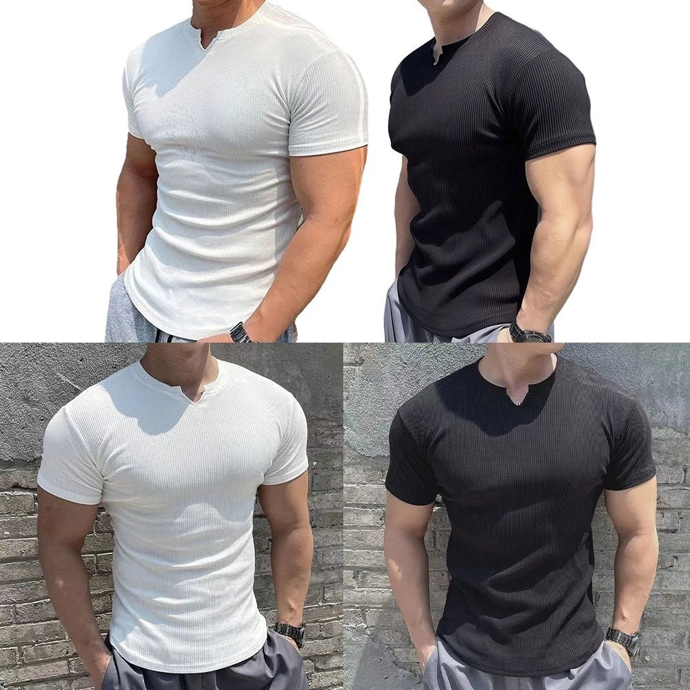 Men's Slim-Fit V Neck T Shirt Polyester Regular Length Solid Color Tee