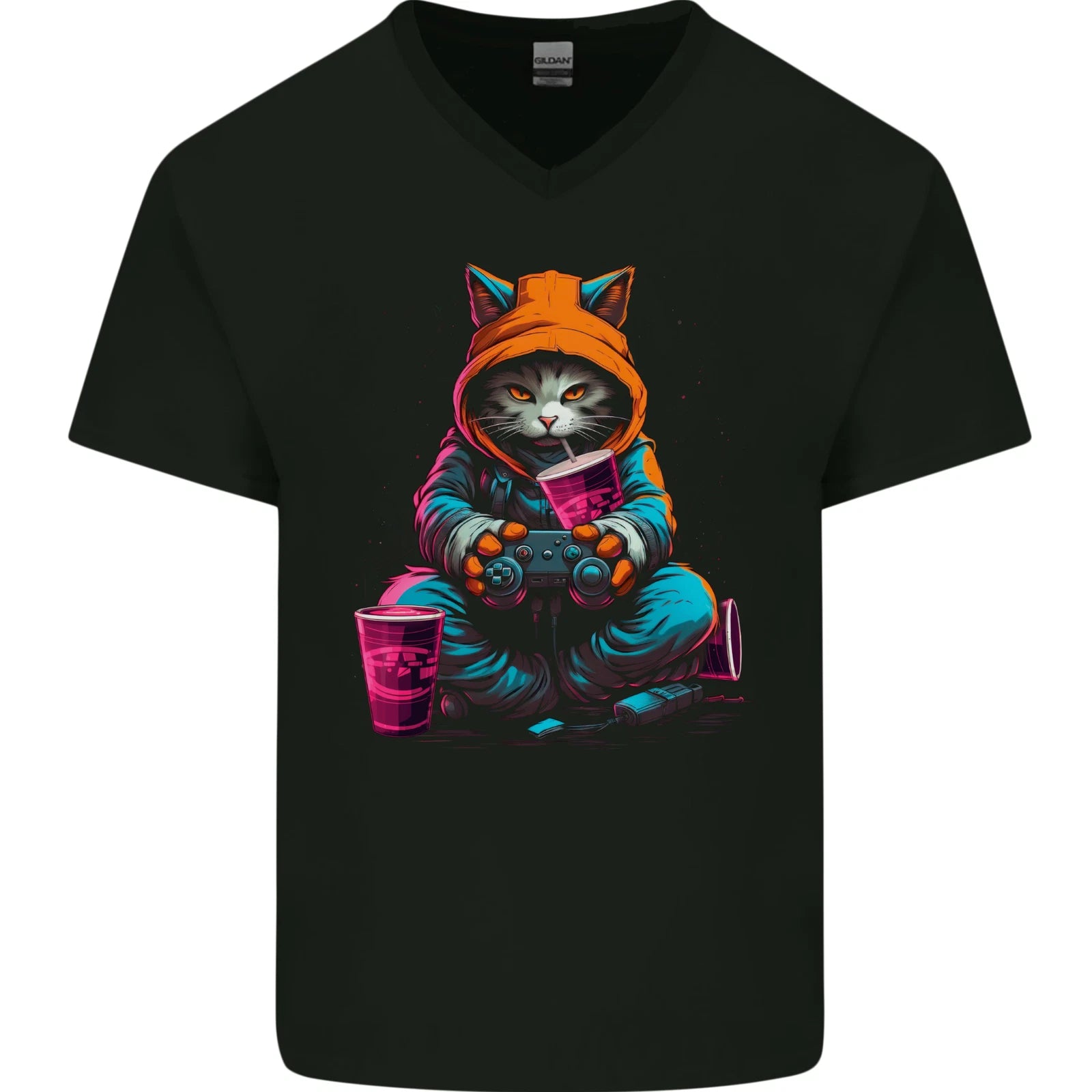 A Gaming Cat Cool Gamer Video Games Mens V-Neck Cotton T-Shirt