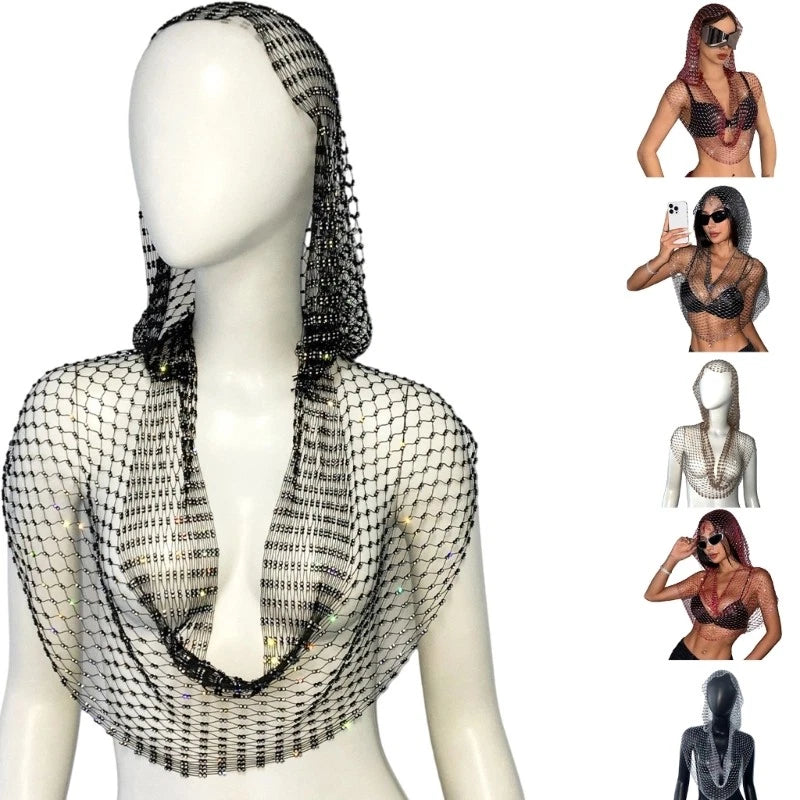 Stylish HipHop Rhinestones Fishnet Tank Tops 2000s Cool Hoodie for Women Teens