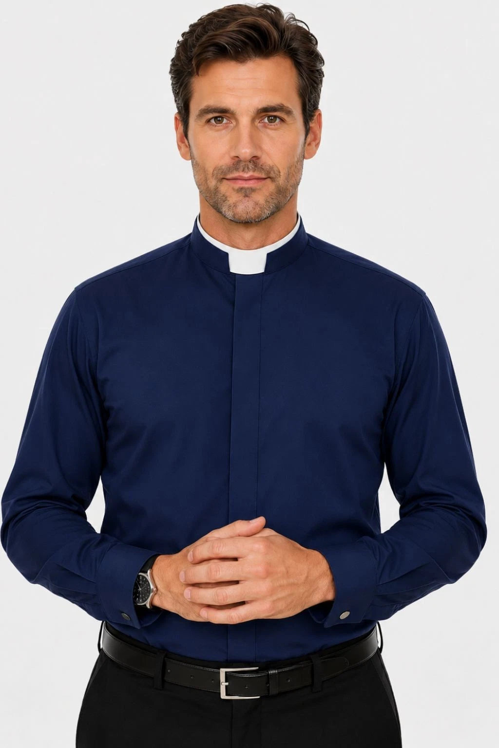 Men's Navy Clergy Shirt Roman Tab Collar Long Sleeve Pastor Priest Church Wear