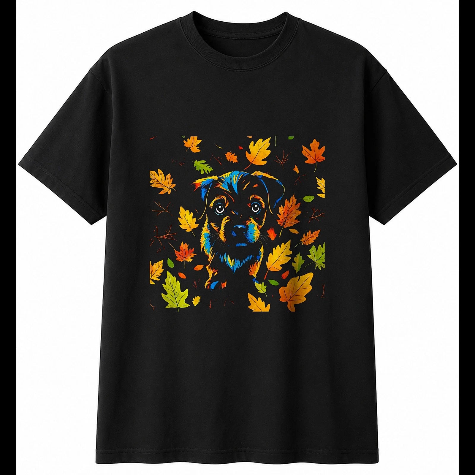 Psychedelic Puppy in Autumn Dog Cute Mens T-Shirt Black 100% Cotton Tee