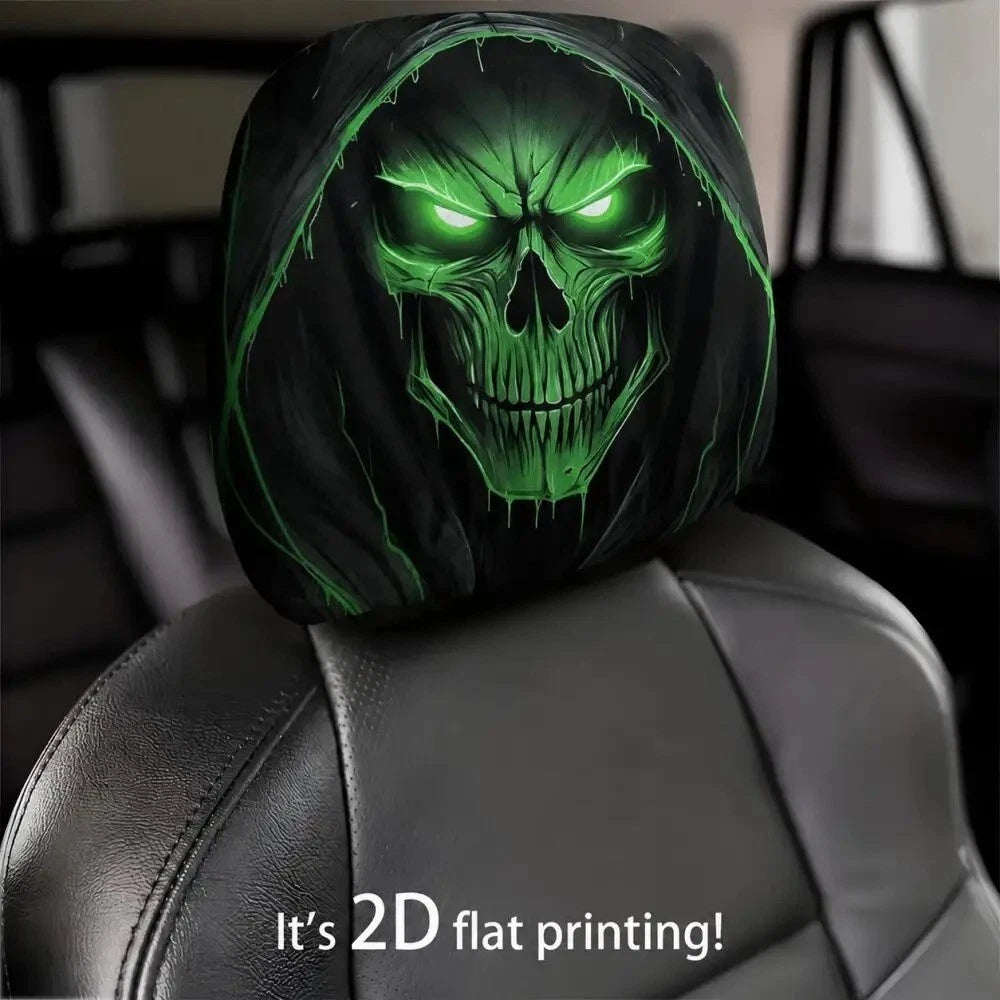 2x Green Glow Grim Reaper Skull Car Headrest Cover Hooded 2D Print Universal Fit