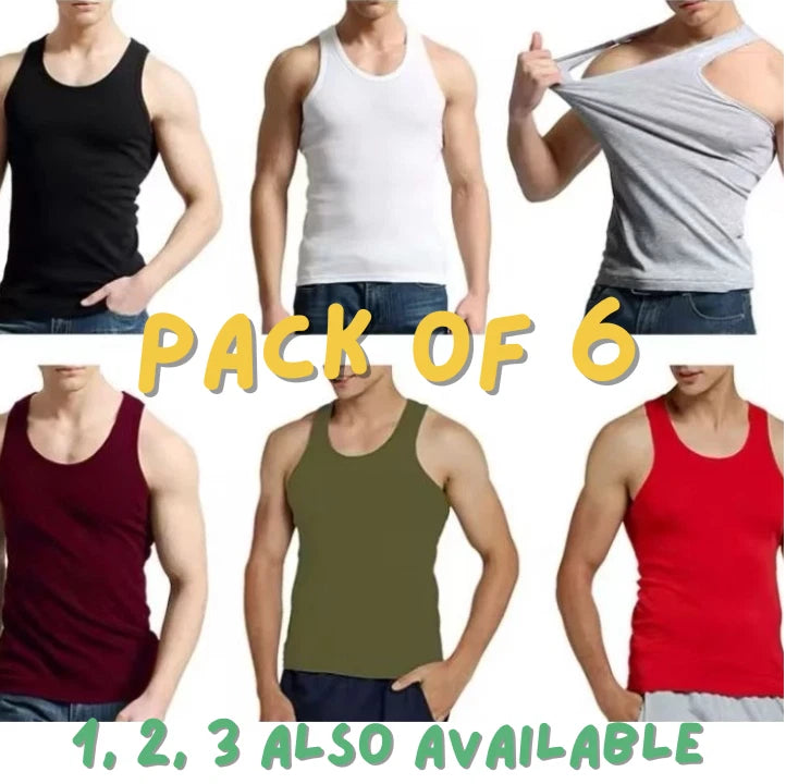 6 Pack Men's 100% Cotton Plain Classic Vest Tops Summer Gym Training Sleeveless