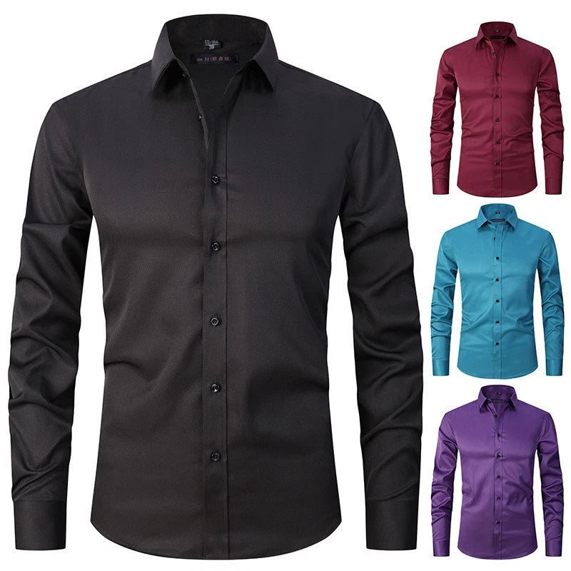 Men's stretch shirt long sleeved casual shirt slim fit solid color inch shirt