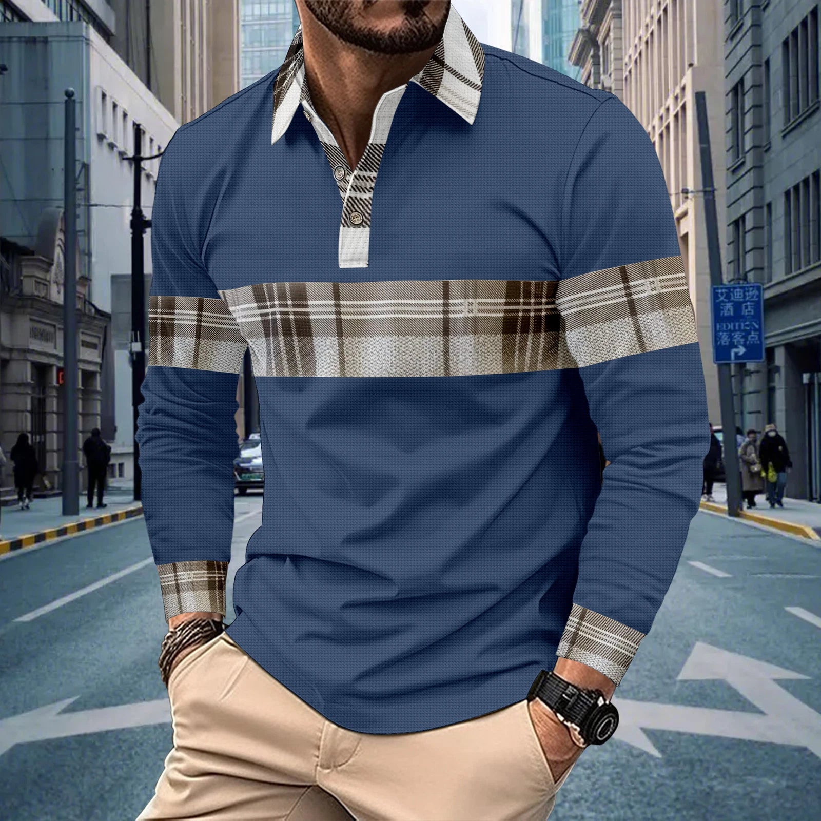 Men's Long Sleeve Fashion POLO Shirt Classic Button Casual Baggy Shirts