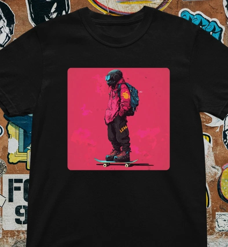 Skater Streetwear T-Shirt - Urban Art Style Tee, Pink Background Graphic Shirt