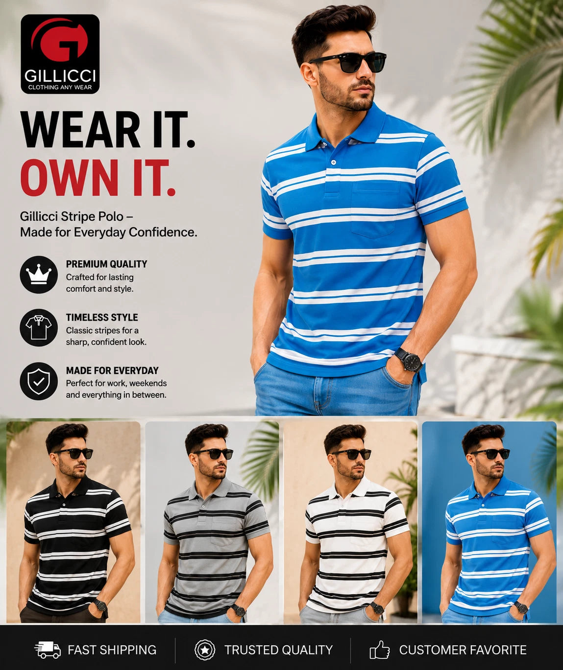 MENS GILLICCI BRAND SUMMER CASUAL STRIPED FASHION COTTON POLO SHIRT T SHIRT C101