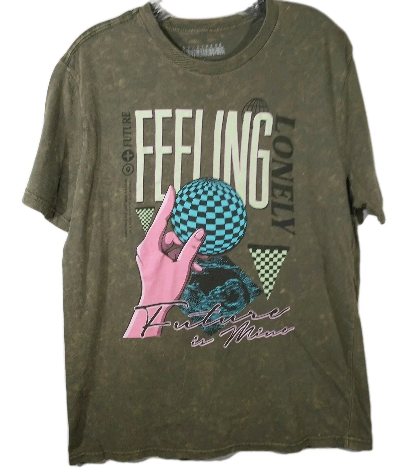 DX Xtreme Mens Graphic Tee M Olive Green Acid Wash Feeling Lonely Y2K Streetwear