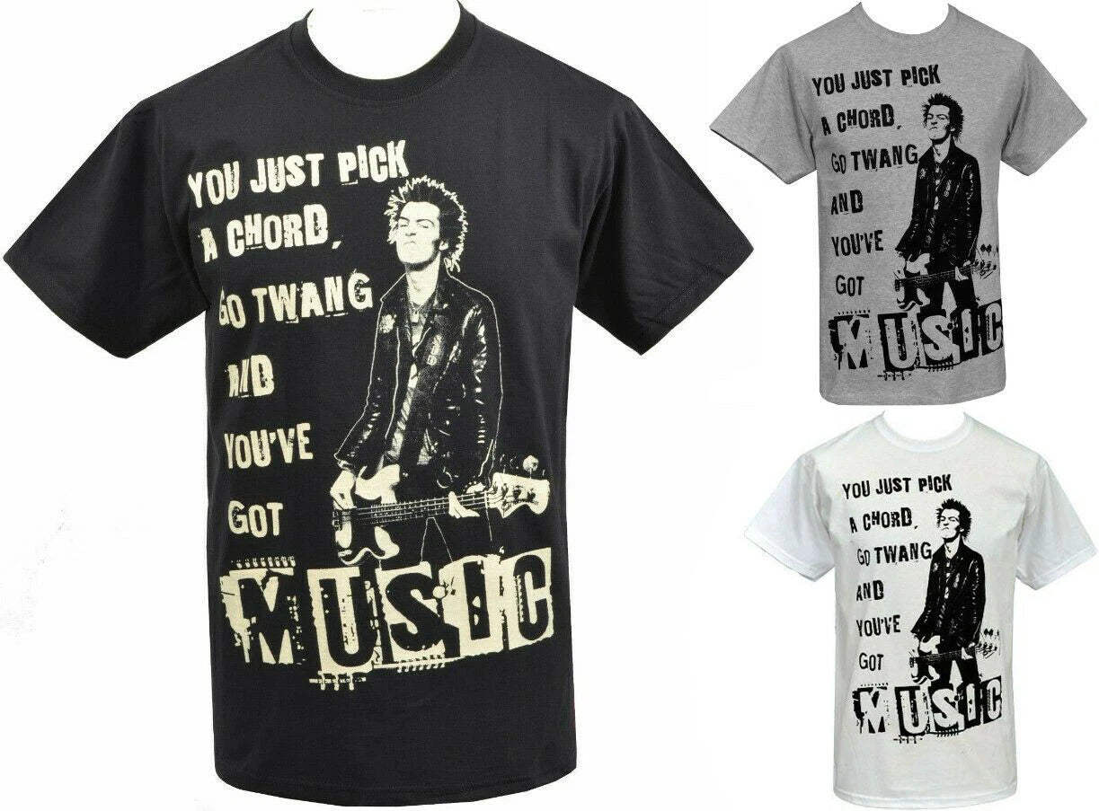 Mens Sid Vicious T-Shirt 1977 Punk Rocker Bass Guitar TWANG Music S-5XL