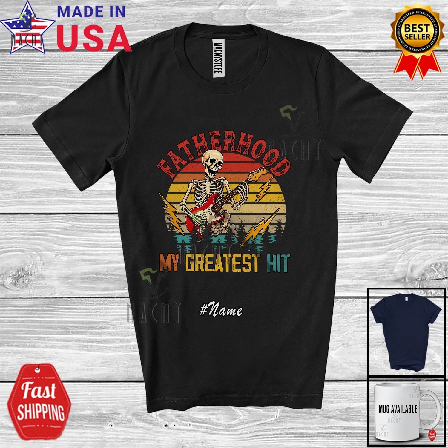 Custom Name Fatherhood Greatest Hit;Father's Day Skeleton Guitar Dad Retro Shirt